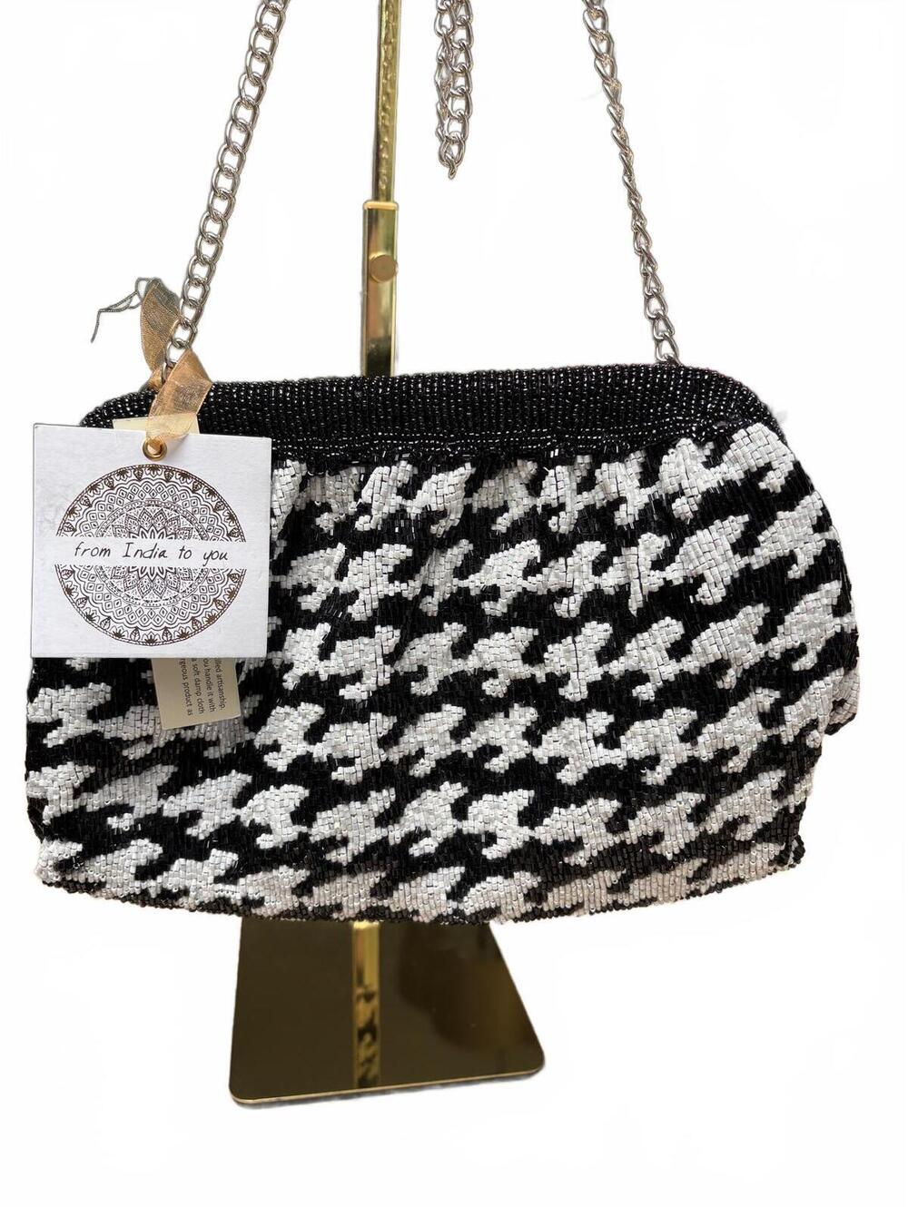 From India To You Black and White Beaded Houndstooth Shoulder Bag NWT